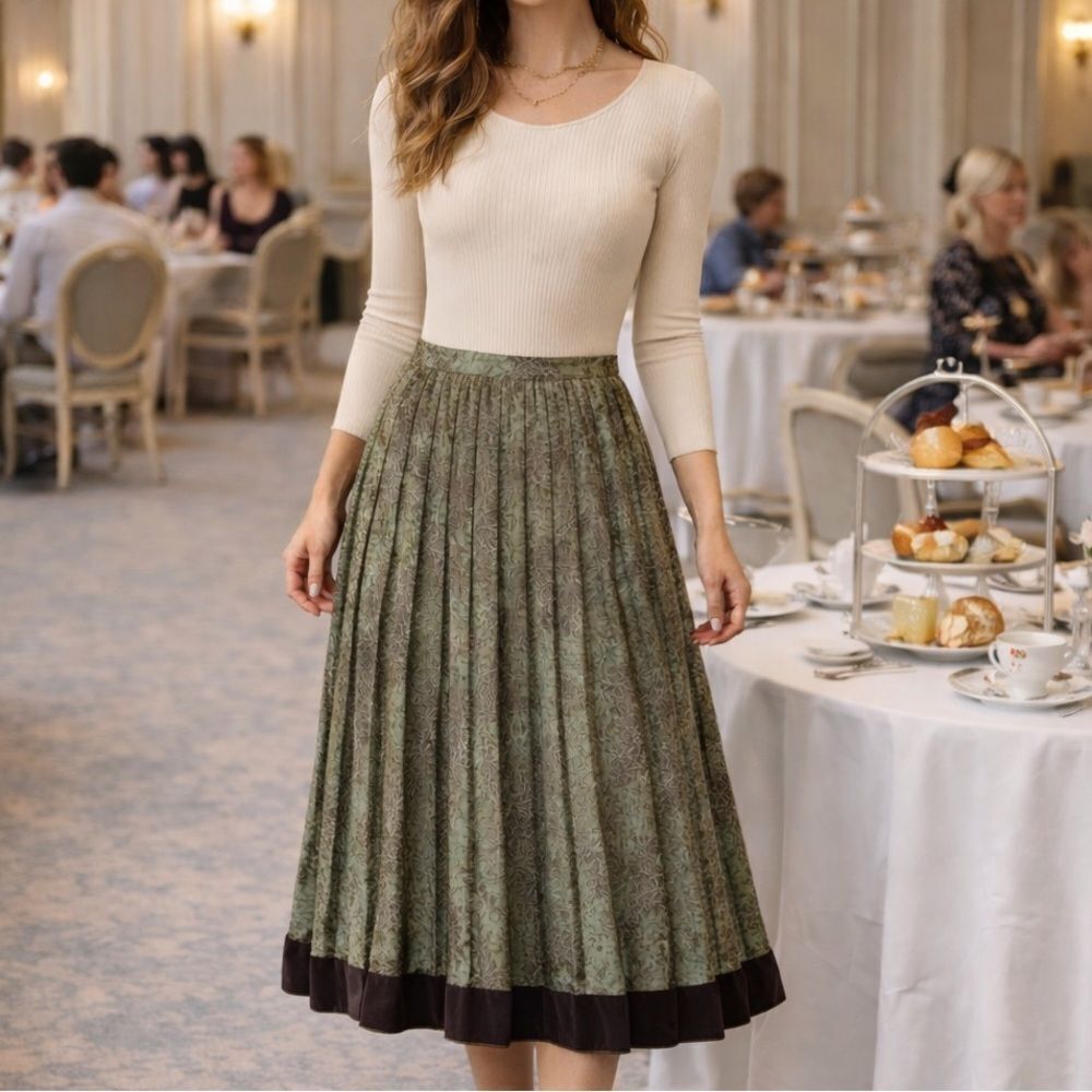 Like new Tahari SILK velvet pleated slim midi skirt green brown velvet trim 6